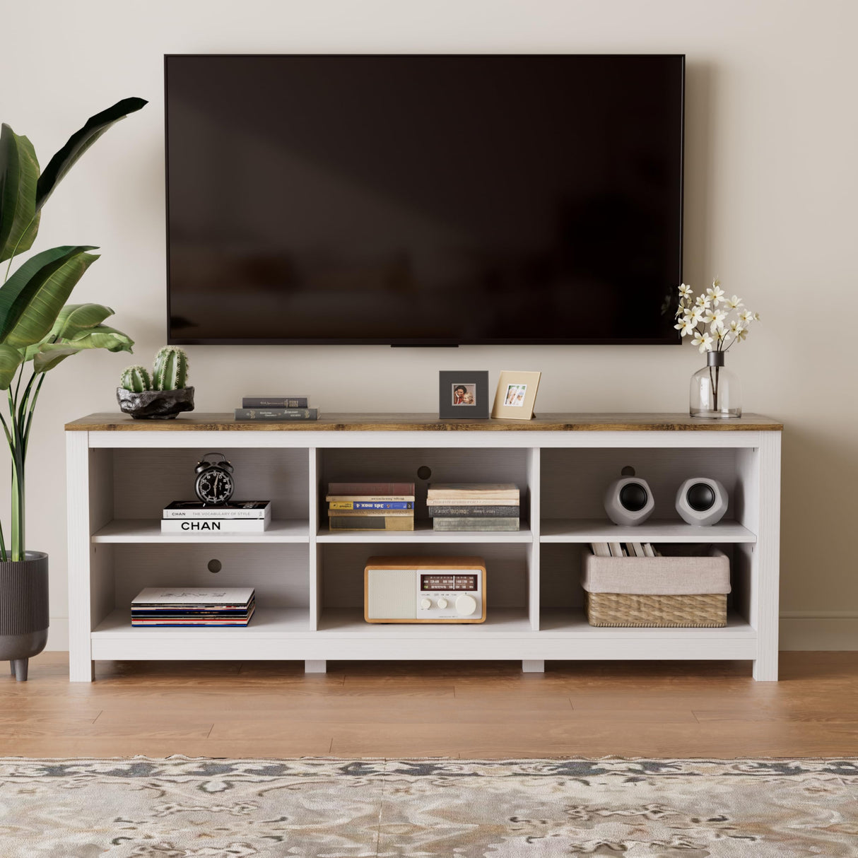 BVIUNTWO White TV Stand for TVs up to 75 Inch,Entertainment Center for 65+ inch TV Console Table with 6 Storage Cubby, Classic Television Stands for Living Room Bedroom, 70 Inch BVIUNTWO