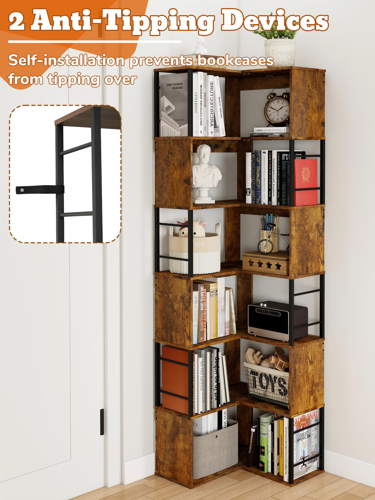 7 Tier Corner Bookshelf 74 Inches Tall Corner Bookcase Industrial L Shaped Book Shelf with Metal Frame Display Rack Storage Organize for Home Office,Living Room,Bed Room (Brown) Suuiwau