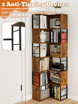 7 Tier Corner Bookshelf 74 Inches Tall Corner Bookcase Industrial L Shaped Book Shelf with Metal Frame Display Rack Storage Organize for Home Office,Living Room,Bed Room (Brown) Suuiwau