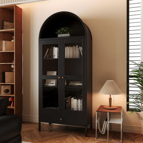 JFHID 73'' Arched Metal Storage Cabinet, Modern Kitchen Pantry with Glass Door, Drawer & Adjustable Shelves, Curio Display Bookcase for Kitchen, Dining or Living Room JFHID