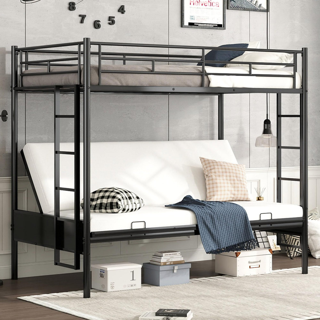 Bellemave Twin Over Futon bunk Bed, Futon bunk Bed, loft Bed with futon, No Box Spring Needed, Black Bellemave