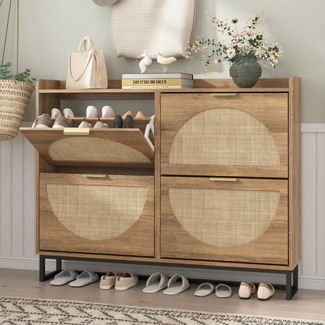 Maupvit Large Rattan Shoe Storage Cabinet with 4 Flip Drawers, Freestanding Shoe Organizer with Metal Legs for Entryway, Hidden Golden Handles, Narrow Shoe Rack Cabinet, Rustic Oak Rattan Maupvit