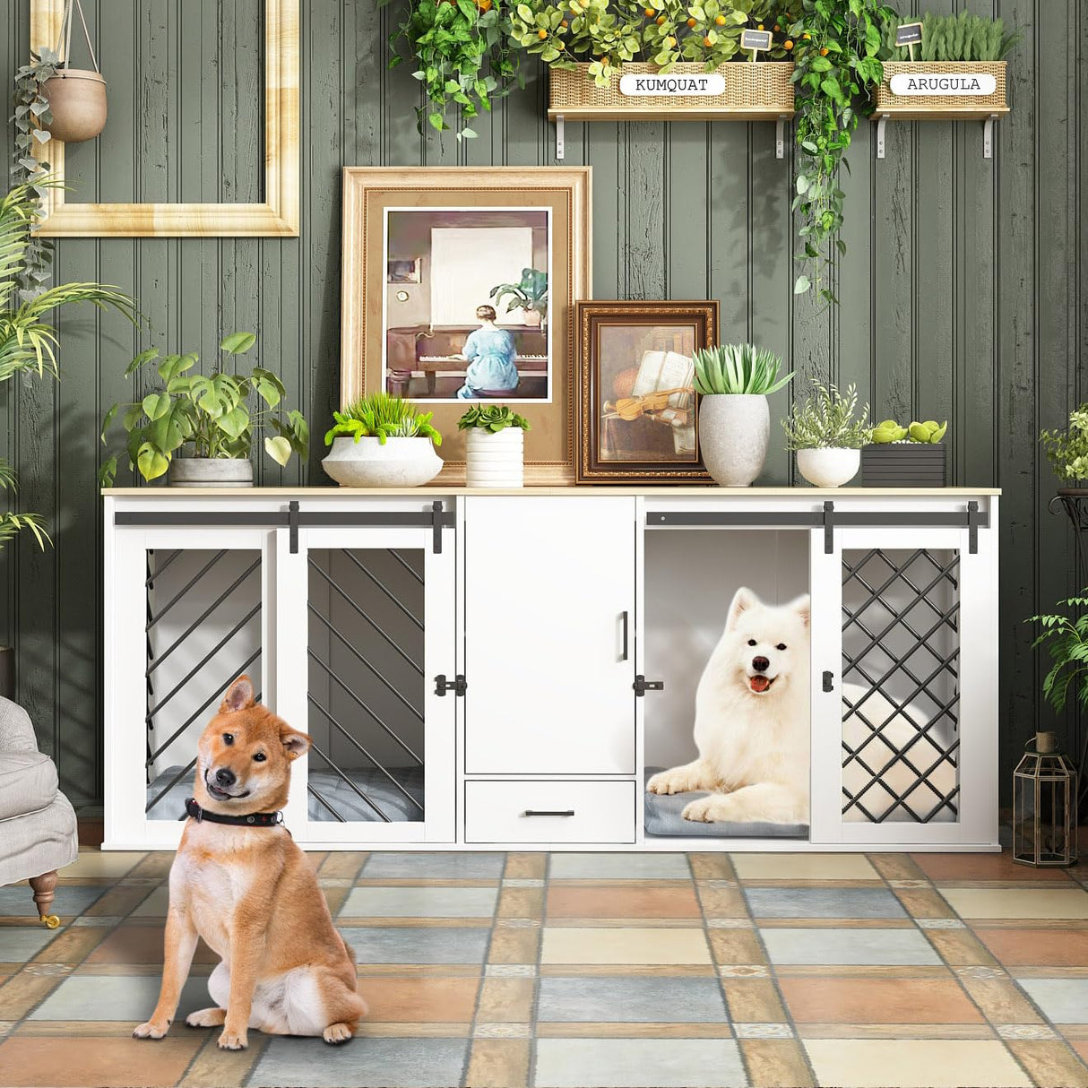 DAWNSPACES Furniture Dog Crate,81.5" Heavy Duty Wooden Dog Cage Kennel with a Storage Drawer, Shelves,Sliding Doors,Indoor Furniture Style Dog Crate Table,Dog House for Medium Dogs,White DAWNSPACES