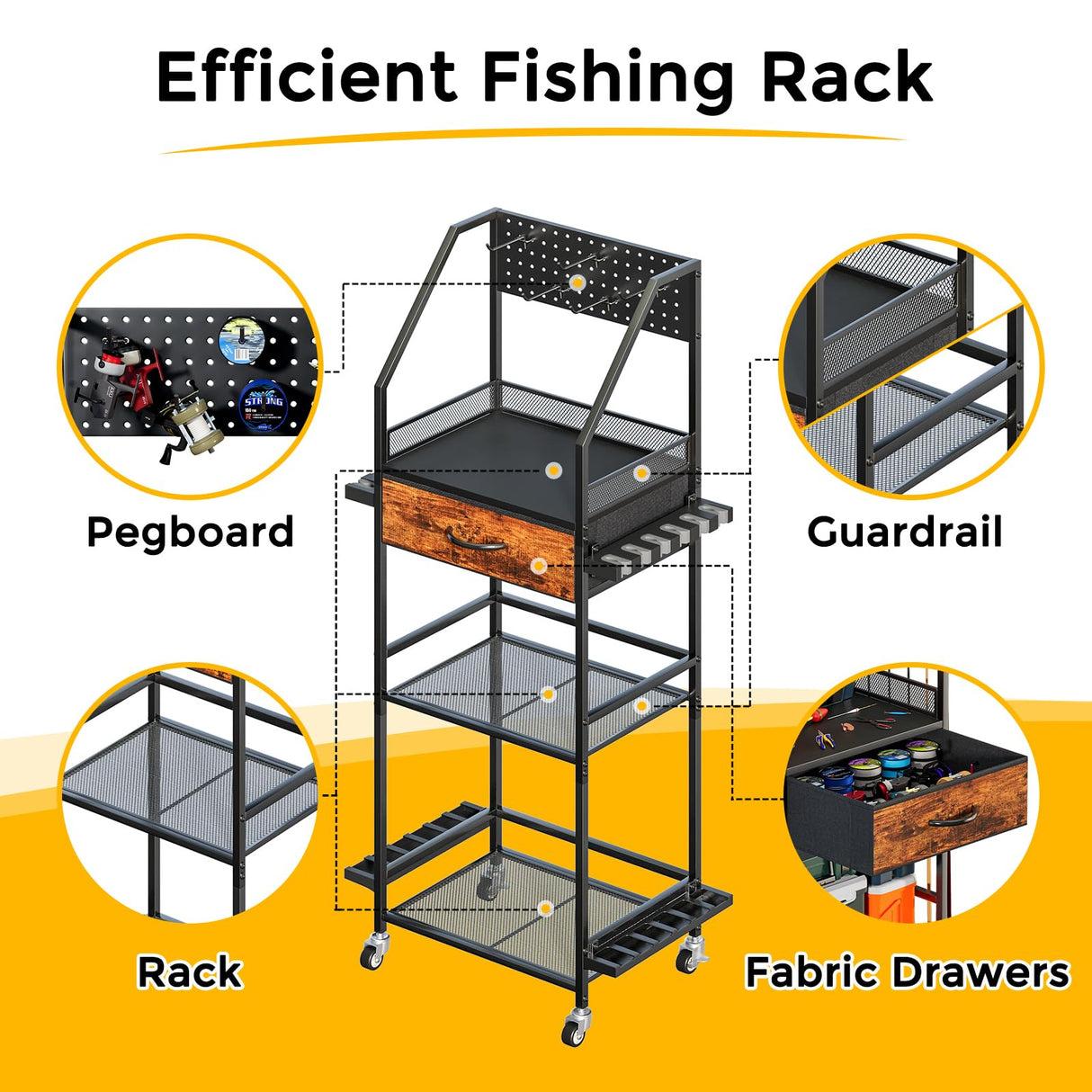 JIRTEMOT Fishing Rod Holder Organizer with Fabric Drawer & Pegboard, Space-Saving Garage Storage for 12 Rods, Reels, Tackle Boxes, Portable Fishing Gear Cart for Easy Access & Mobility JIRTEMOT
