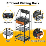 JIRTEMOT Fishing Rod Holder Organizer with Fabric Drawer & Pegboard, Space-Saving Garage Storage for 12 Rods, Reels, Tackle Boxes, Portable Fishing Gear Cart for Easy Access & Mobility JIRTEMOT
