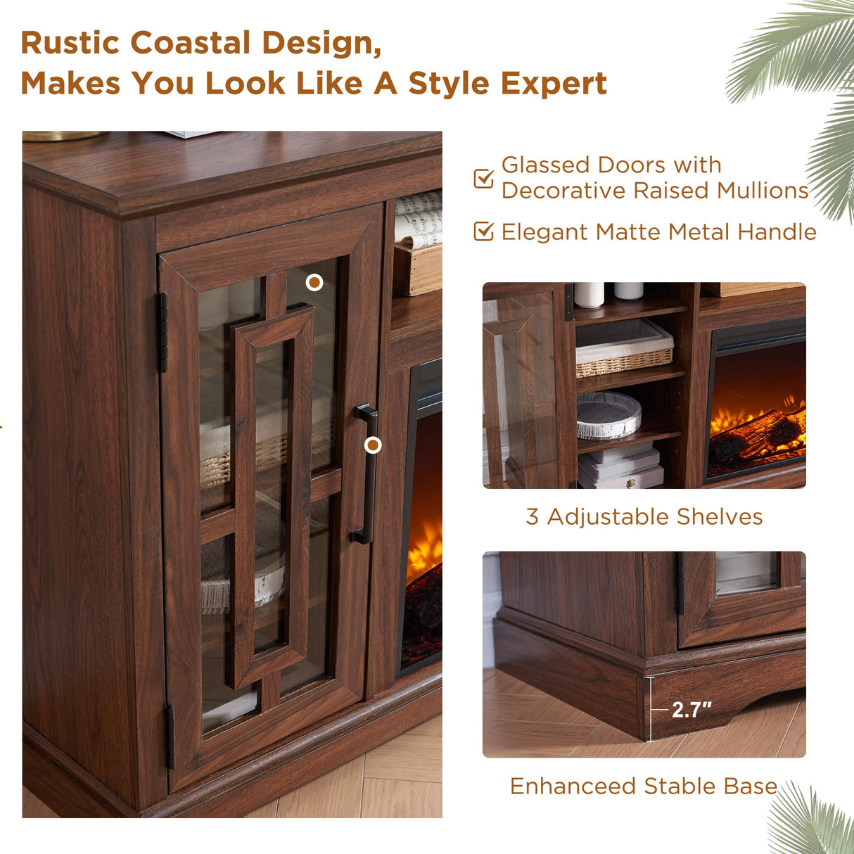 JXQTLINGMU Fireplace TV Stand with 36" Electric Fireplace for 75 80 Inch TV, Farmhouse 32" Tall Highboy Entertainment Center w/6 Shelves, Modern Media Console Storage Cabinet for Living Room, Brown JXQTLINGMU