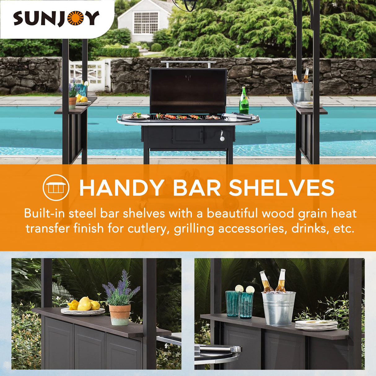 Sunjoy Grill Gazebo 5 ft. x 8 ft. Brown Steel Frame Double Tiered Hardtop Gazebo with Ceiling Hook and Shelves Sunjoy