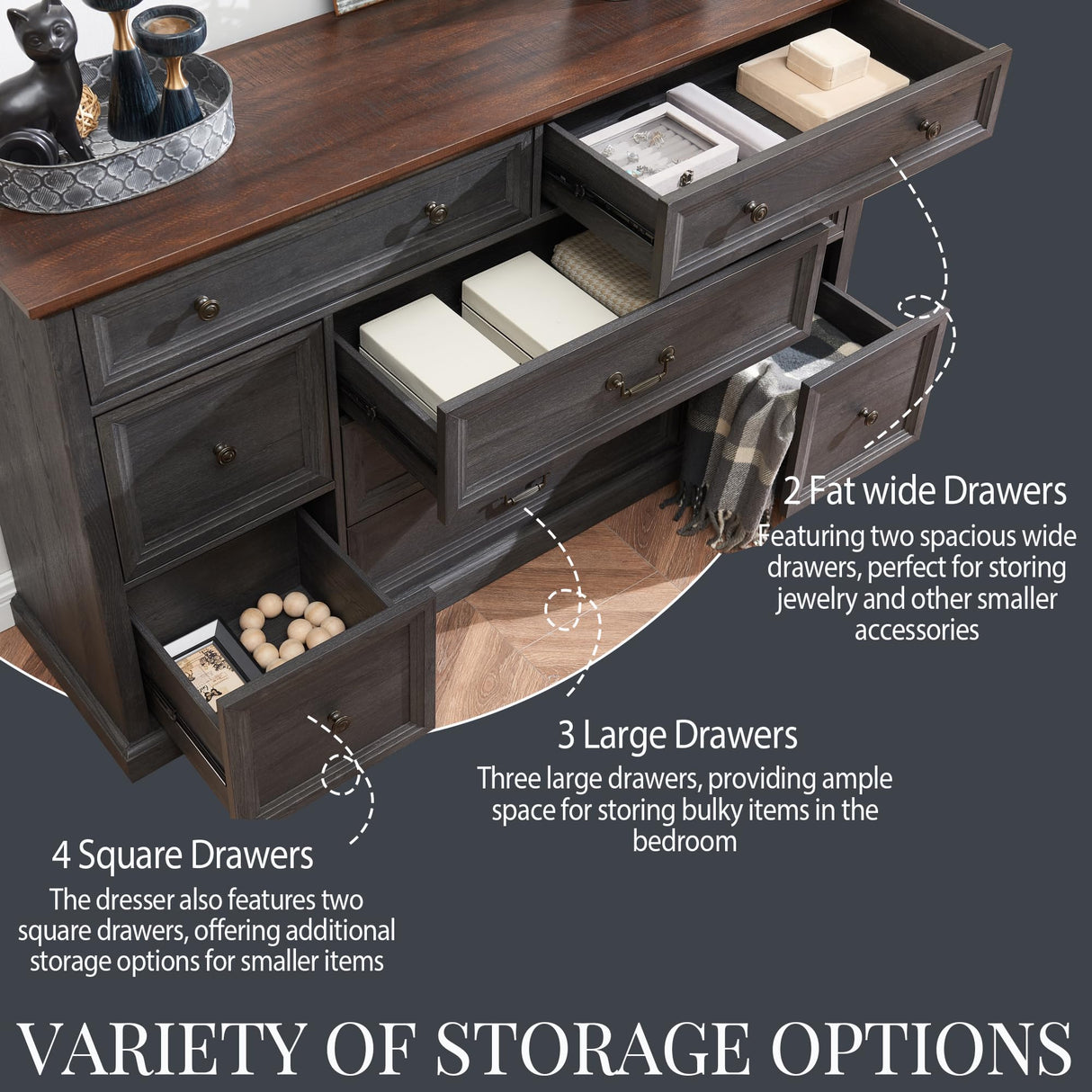 IFGET Farmhouse 9 Drawers Dresser for Bedroom, 60" Wide Wood Rustic Chest of Drawers, Large Storage Dressers Organizer for Bedroom, Living Room, Hallway, Dining Room, Dark Grey IFGET