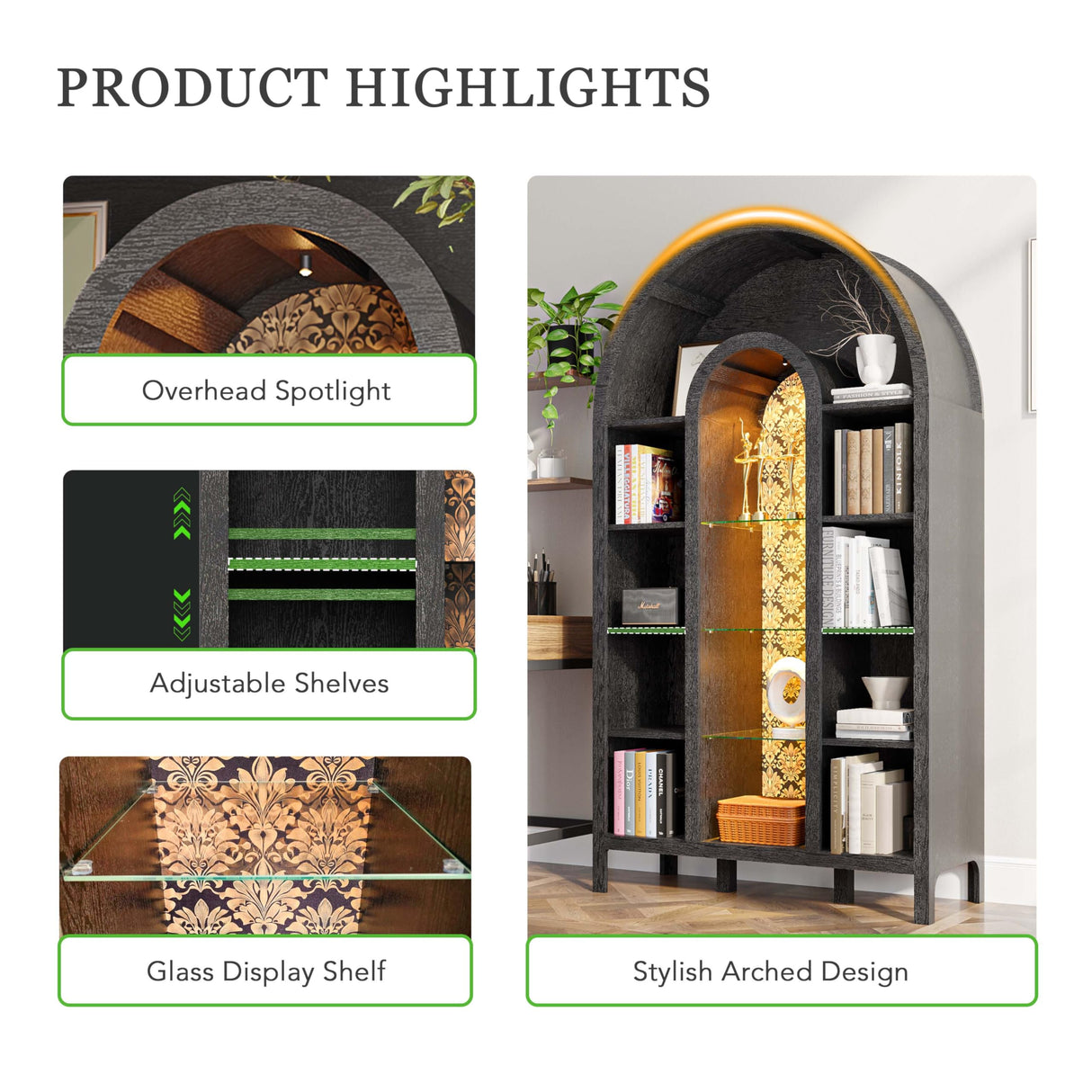 FIMELLO 70.4’’ Double-Arched Bookshelf Bookcase, Display Cabinet with Led Light, Bar Wine Cabinet with Shelves, Tall Food Pantry Furniture for Living Room, Kitchen, Dining Room, Black FIMELLO