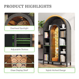 FIMELLO 70.4’’ Double-Arched Bookshelf Bookcase, Display Cabinet with Led Light, Bar Wine Cabinet with Shelves, Tall Food Pantry Furniture for Living Room, Kitchen, Dining Room, Black FIMELLO