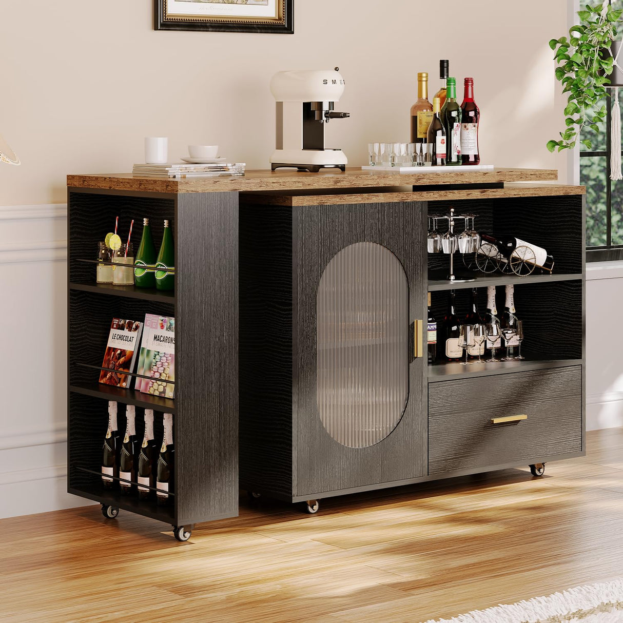 HSH 72" Rustic Kitchen Island with Storage, Mobile Farmhouse Kitchen Island Cart with Cabinet, Drawer & Shelves, Island Table on Wheels for Meal Prep, Dining Room & Home Bar, Rustic Brown & Black Oak HSH