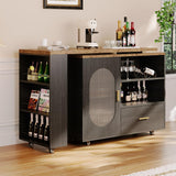 HSH 72" Rustic Kitchen Island with Storage, Mobile Farmhouse Kitchen Island Cart with Cabinet, Drawer & Shelves, Island Table on Wheels for Meal Prep, Dining Room & Home Bar, Rustic Brown & Black Oak HSH