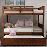 Full Over Full Bunk Bed with Trundle, Solid Wood Bunk Beds with Full-Length Safety Guard Rail and Ladder, Can be Separated to 2 Full Size platform Beds, for Kids, Teens and Adults (Walnut, New) MERITLINE