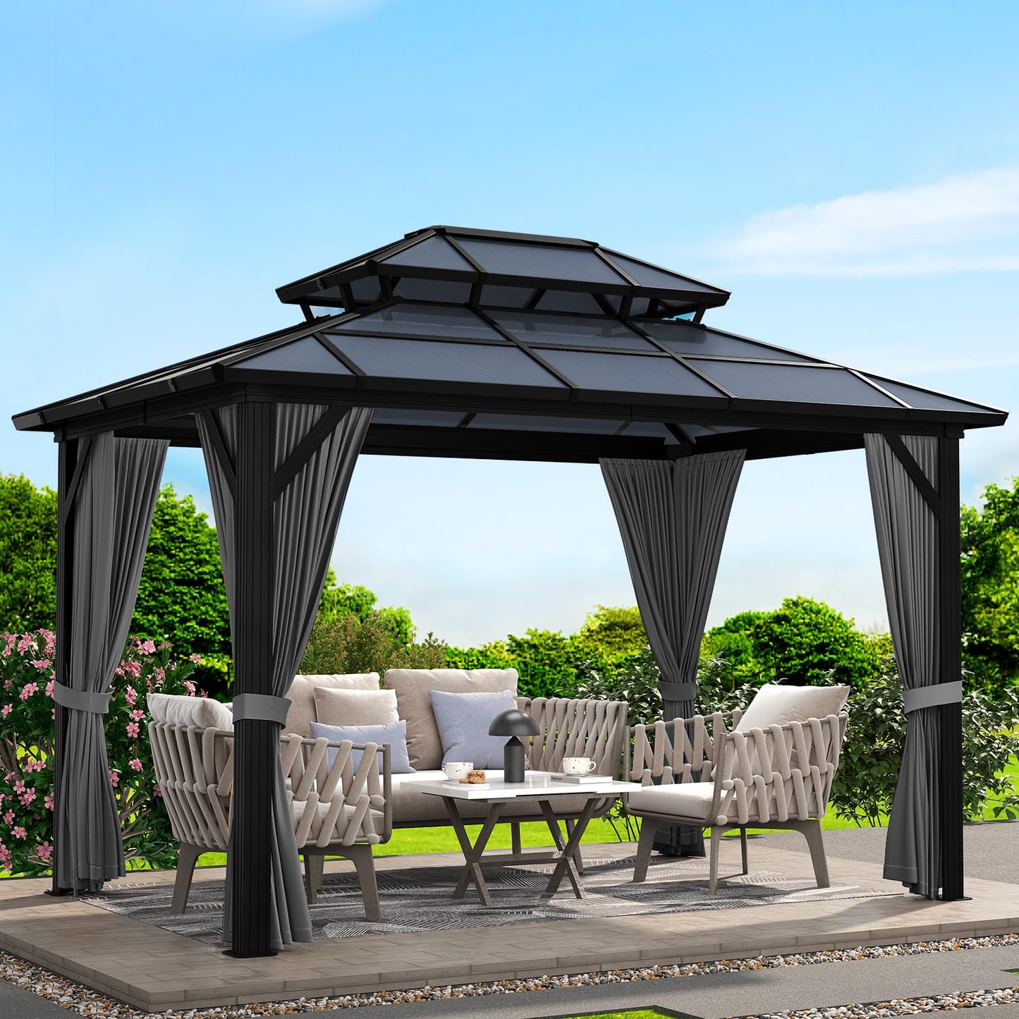 Petyee 10'x13' Gazebo, Hardtop Outdoor Polycarbonate Double Roof Canopy, Aluminum Frame Permanent Pavilion with Curtains and Netting, Sunshade for Garden, Patio, Lawns (Gray) - WoodArtSupply