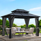 Petyee 10'x13' Gazebo, Hardtop Outdoor Polycarbonate Double Roof Canopy, Aluminum Frame Permanent Pavilion with Curtains and Netting, Sunshade for Garden, Patio, Lawns (Gray) Petyee