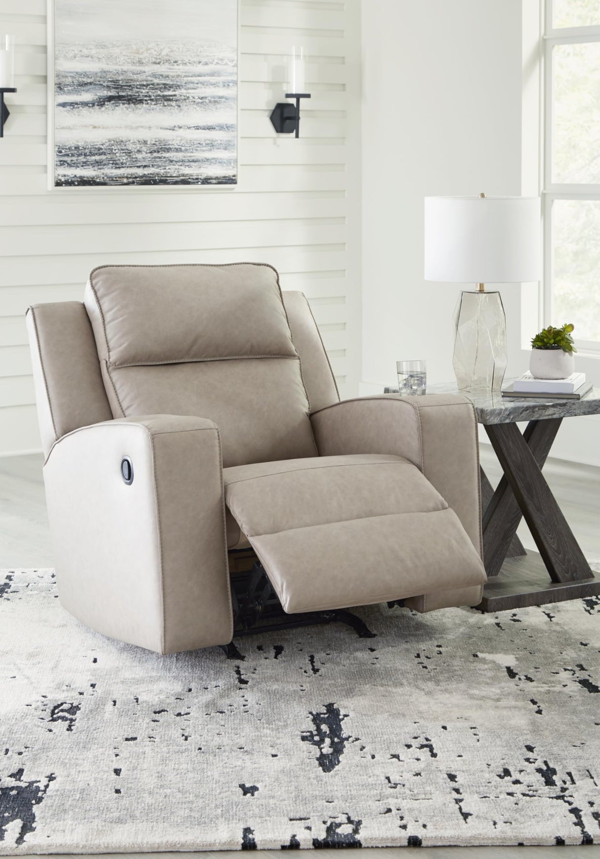 Signature Design by Ashley Lavenhorne Contemporary Faux Leather Upholstered Manual Rocker Recliner with 2 Cup Holders, Beige Signature Design by Ashley