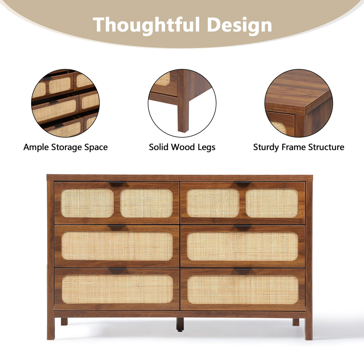 QEIUZON 6 Drawer Dresser, Modern Rattan Dresser Chest with Wide Drawers and Metal Handles, Farmhouse Wood Storage Chest of Drawers for Bedroom, Living Room, Entryway (Walnut-6 Drawers) QEIUZON