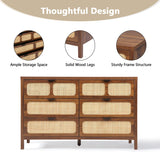 QEIUZON 6 Drawer Dresser, Modern Rattan Dresser Chest with Wide Drawers and Metal Handles, Farmhouse Wood Storage Chest of Drawers for Bedroom, Living Room, Entryway (Walnut-6 Drawers) QEIUZON