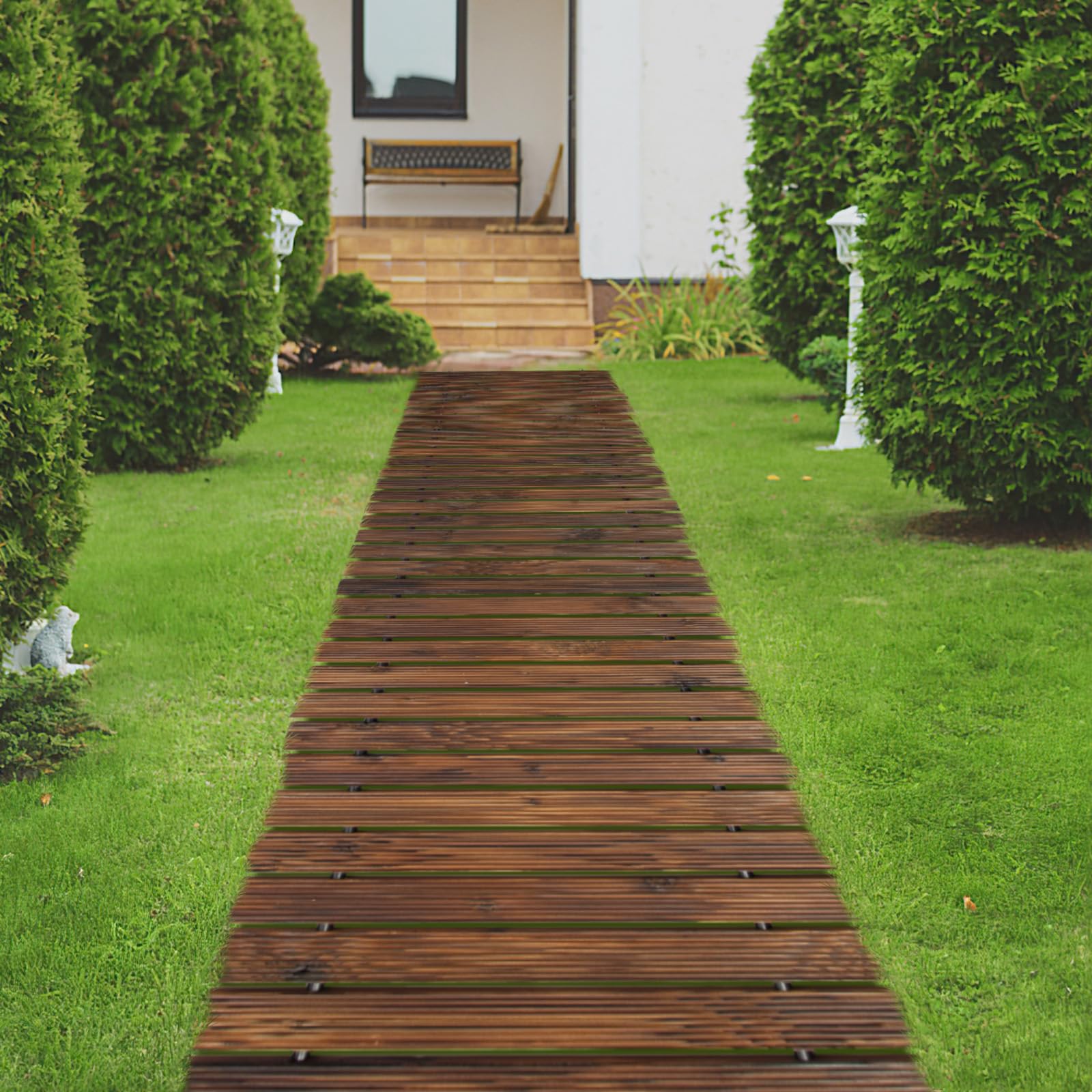 12FT Roll Out Garden Pathway, Wooden Walkway with Non-Slip Surface Outdoor Garden Boardwalk Decorative Wood Path for Wedding, Beach, Patio - WoodArtSupply