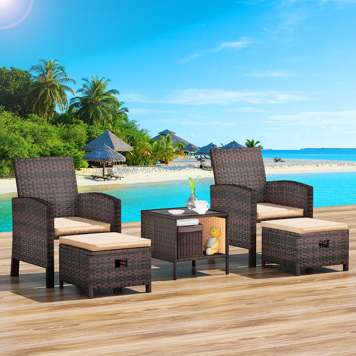 LEVELEVE Balcony Furniture 5 Piece Patio Conversation Set, PE Wicker Rattan Outdoor Lounge Chairs with Soft Cushions 2 Ottoman&Glass Table for Porch, Lawn-Brown Wicker LEVELEVE