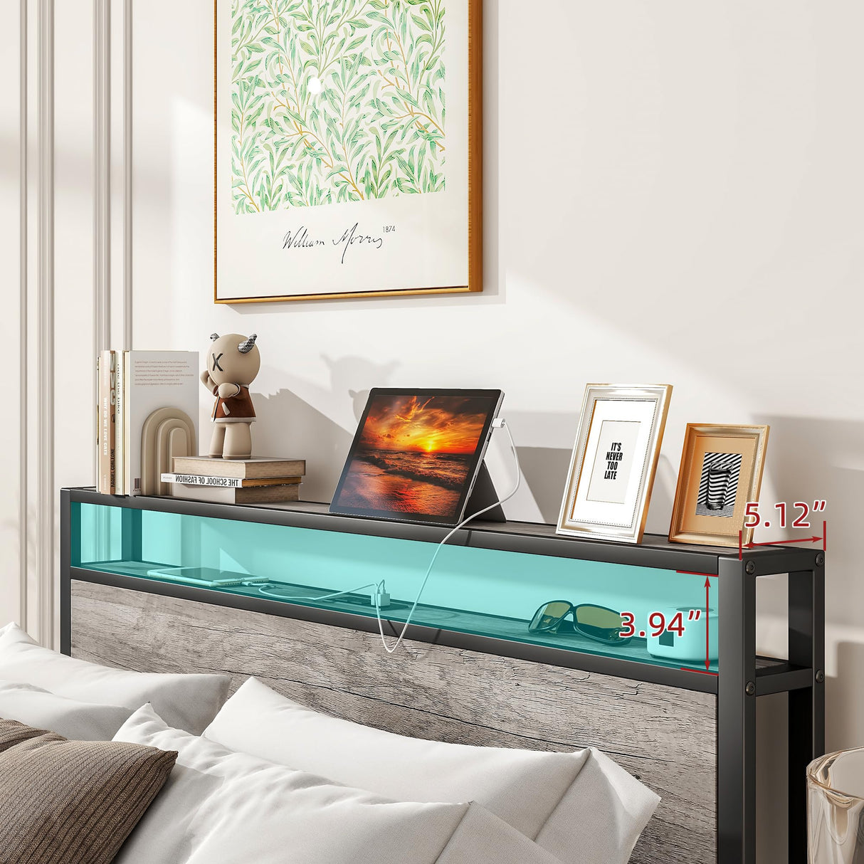 BOFENG Heavy Duty Full Size Bed Frame with Storage Headboard and Charging Station, Grey Oak BOFENG