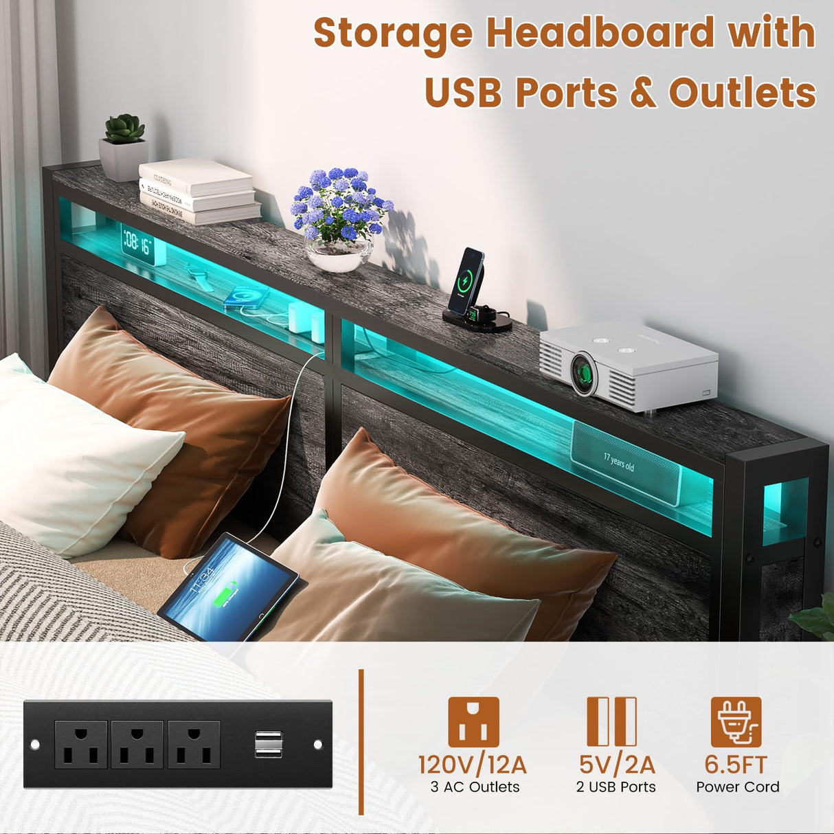 Homieasy King Size Industrial Metal Bed Frame with LED Lights and Charging Station Homieasy