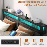 Homieasy King Size Industrial Metal Bed Frame with LED Lights and Charging Station Homieasy