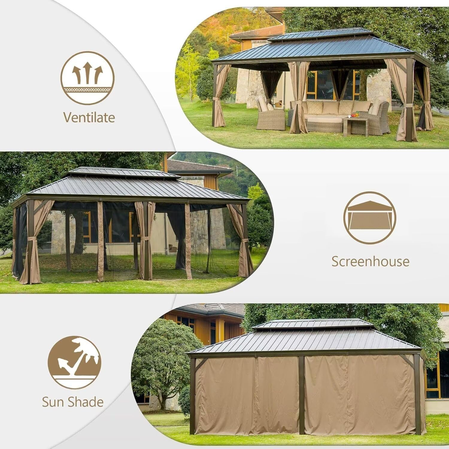 Domi 14'x22' Hardtop Gazebo Canopy,Outdoor Aluminum Gazebo with Galvanized Steel Double Roof,Large Permanent Gazebo Pavilion for Patio Deck Backyard,Curtain and Netting, Dark Brown - WoodArtSupply