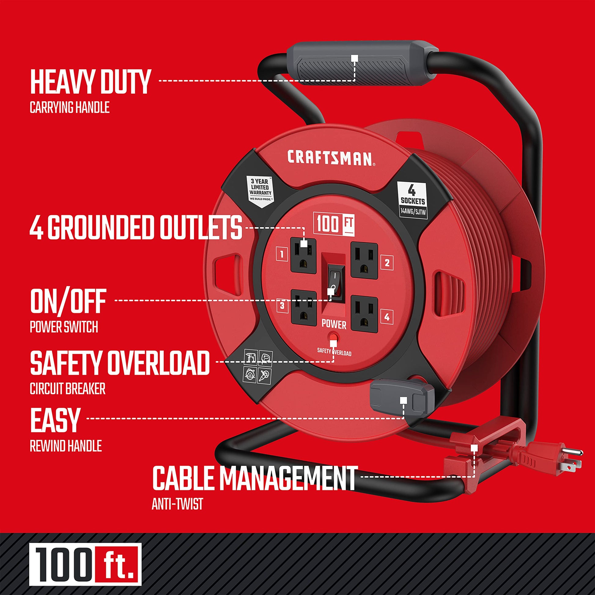 CRAFTSMAN 100 Ft. Retractable Extension Cord Reel With 4 Outlets & Heavy Duty 14AWG SJTW Cable - WoodArtSupply