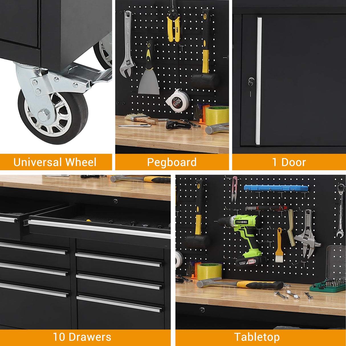 61-inch Rolling Tool Chest, 10 Drawers Garage Workbench Storage Tool Cabinet with Power Strip, Solid Rubber Wood Top, 1675 LBS Load Mobile Workstation, Heavy Duty Rolling Cabinet GAOMON