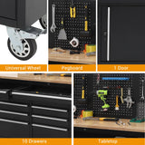 61-inch Rolling Tool Chest, 10 Drawers Garage Workbench Storage Tool Cabinet with Power Strip, Solid Rubber Wood Top, 1675 LBS Load Mobile Workstation, Heavy Duty Rolling Cabinet GAOMON
