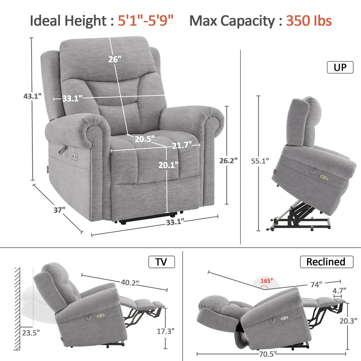 MCombo Triple Motor Power Lift Recliner Chair with Massage and Lumbar and seat Heating, Rolled Arms, Adjustable Headrest for Elderly People, Fabric 7888 (Grey, Medium) MCombo