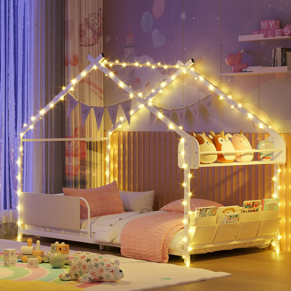 Timy House Bed Twin Size Montessori House Bed Metal Floor Bed with Storage Rack and Caddy Twin Bed Frame for Kids No Box Spring Needed White Timy