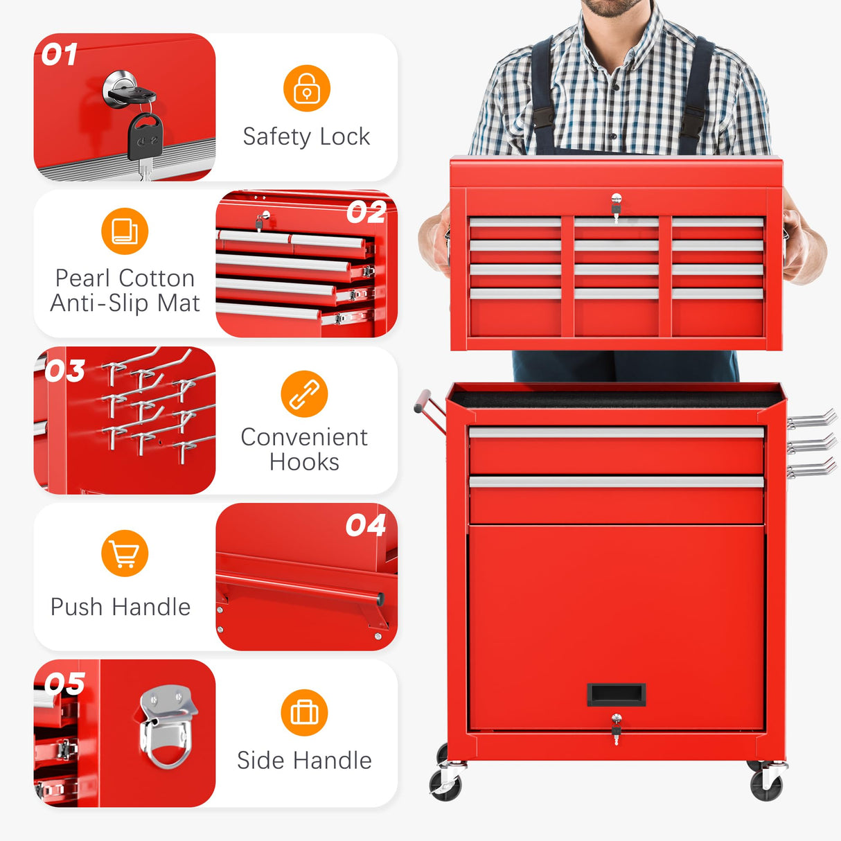 INTERGREAT Tool Chest Cabinet,8-Drawer Rolling Tool Chest with Detachable Top Tool Box, Tool Chest with Universal Lockable Wheels, Metal Tool Cart for Garage, Workshop, Barbershop(Red) INTERGREAT