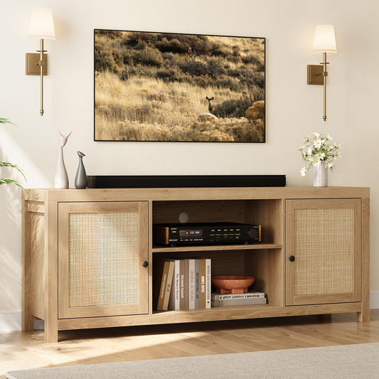 IDEALHOUSE Boho TV Stand for 75 Inch, Rattan Entertainment Center with 2-Tier Storage, Wooden TV & Media Console Cabinet for Living Room Bedroom, Natural Oak - WoodArtSupply