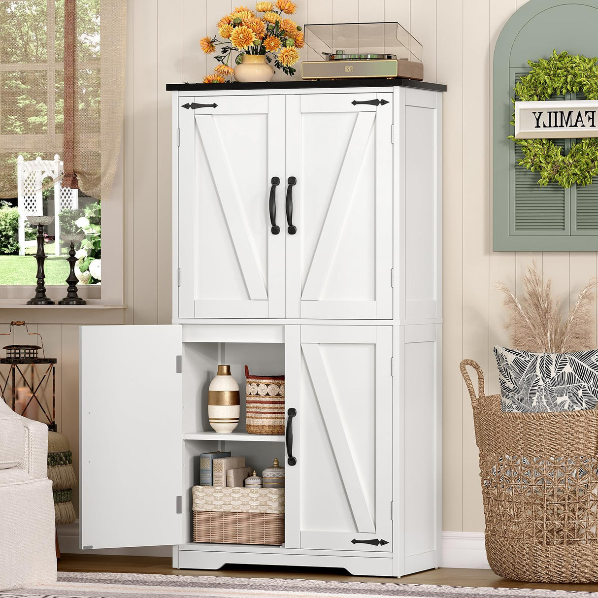 TEENFON Farmhouse Storage Cabinet with 2 Adjustable Shelves, Bathroom Cabinet with 4 Doors, Kitchen Cabinets, Cupboard for Kitchen, Living Room, White TEENFON