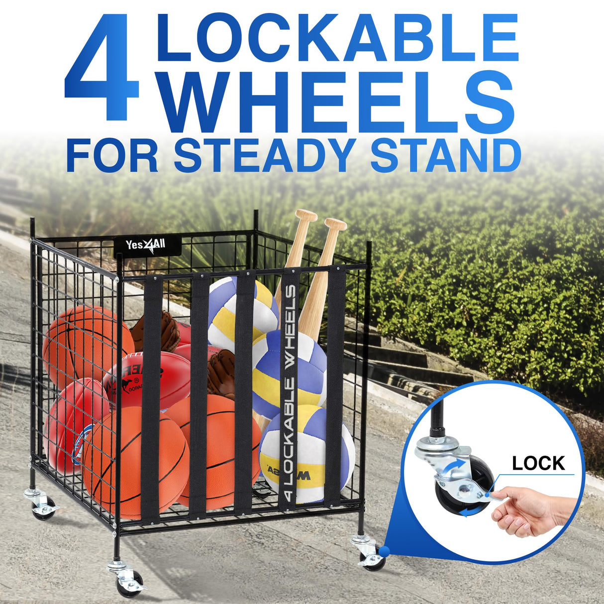 YES4ALL Rolling Ball Cart Storage with Lockable Wheels Volleyball Basketball Holder, Toy Balls Bin, Garage Cage, Storage Racks, Sports Equipment Organizer, Ball Rack for Outdoor Indoor Use Yes4All