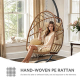 YITAHOME Hanging Egg Chair, Outdoor Patio Wicker Hammock Egg Chair Indoor with Cushion, Rattan Swing Chair 350lbs for Balcony, Garden Bedroom, Beige with Stand YITAHOME