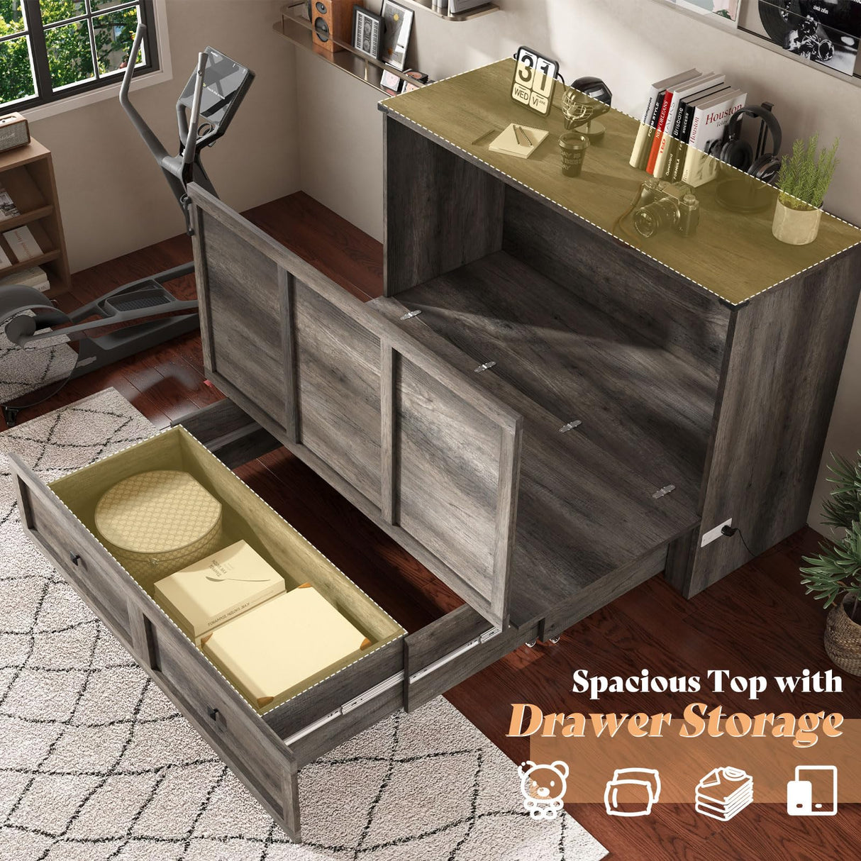 AMERLIFE Queen Murphy Bed with Storage & Charging Station, Farmhouse Murphy Cabinet with Foldable Panel, Noisy Free, for Living Room, Guest Bedroom, Office, Rustic Gray AMERLIFE