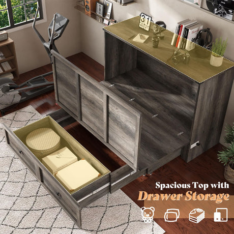 AMERLIFE Queen Murphy Bed with Storage & Charging Station, Farmhouse Murphy Cabinet with Foldable Panel, Noisy Free, for Living Room, Guest Bedroom, Office, Rustic Gray AMERLIFE