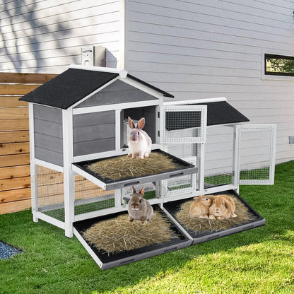 58'' Bunny Hutch Indoor with 3 Leak-Proof Trays, Waterproof Roof Rabbit Hutch Indoor/Outdoor, 2-Tier Wooden Bunny House/Chicken Coop, Gray and Black