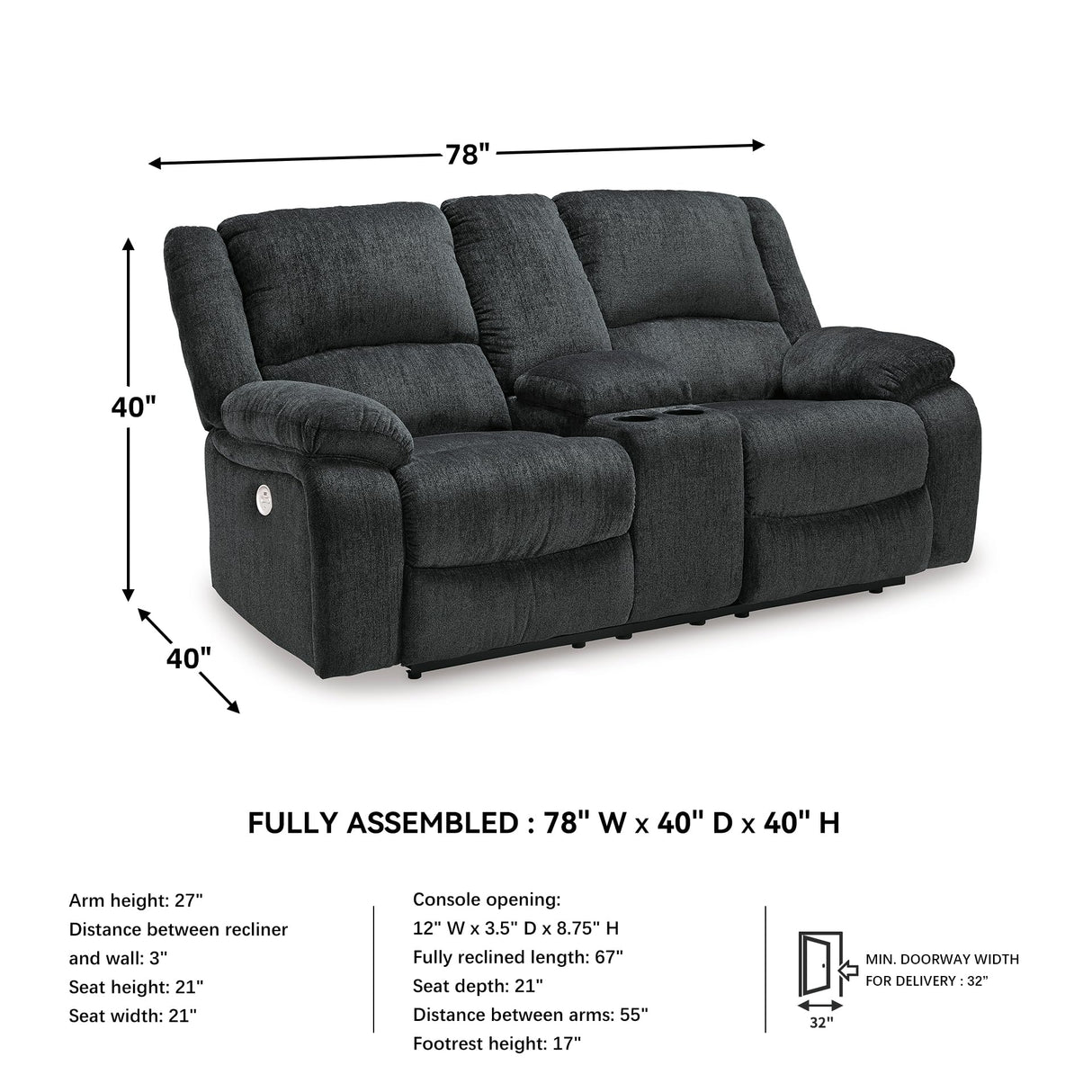 Signature Design by Ashley Draycoll Power Double Reclining Loveseat with Storage Console & USB Plug, Dark Gray Signature Design by Ashley