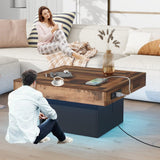 Polibi Coffee Table with LED Light, Brown Spliced Wood Grain Center Table with 2 USB Ports and Outlets, Coffee Tables with Charging Station for Living Room, Black Polibi