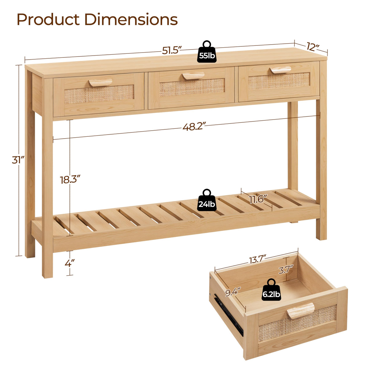 Yaheetech Rattan Console Table, Boho Entryway Table with Storage Drawers and Shelf, Long Hallway Table Foyer Table Sofa Table for Living Room, Corridor and Hallway, Natural Wood Yaheetech