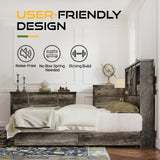 HOWE Queen Size Wood Platform Bed Frame with 51.2" Bookcase Headboard, Storage Bed with Sliding Barn Door Charging Station 2 Drawers, No Box Spring Needed/Noise Free/Farmhouse/Rustic Grey HOWE