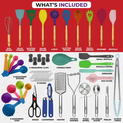 Kaluns 50 PCS Silicone Kitchen Utensils Set - Christmas Gifts For Mom Women Complete Kitchen Set - 800°F Heat Resistant Non-Stick Premium Silicone Cooking Utensils W Wooden Handles Gifts For Mothers