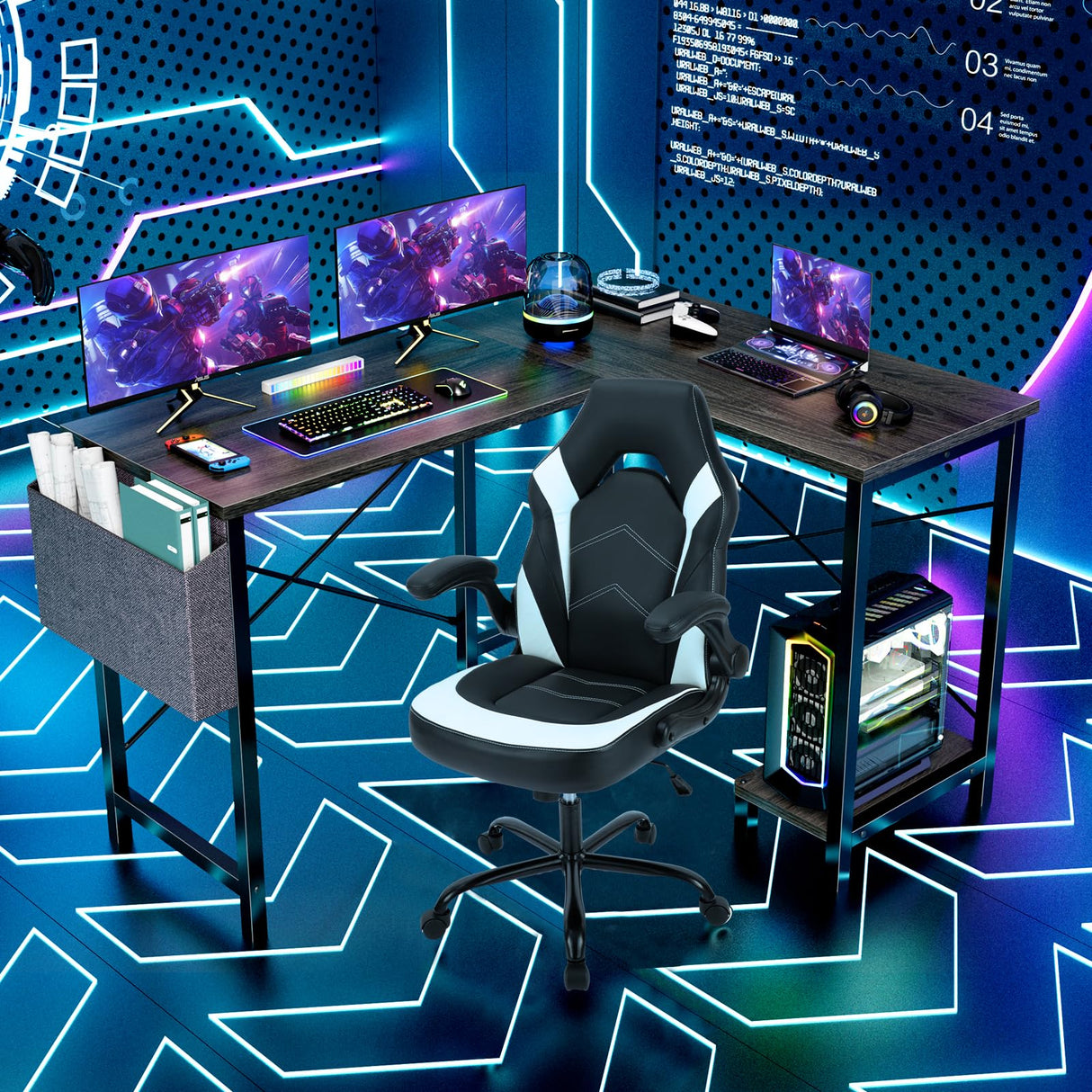 Sweetcrispy L Shaped Gaming Desk, Computer Corner Table PC Gaming with CPU Stand Side Bag for Home Office Dorm Sturdy Writing Workstation, Grey, 50 Inch Sweetcrispy