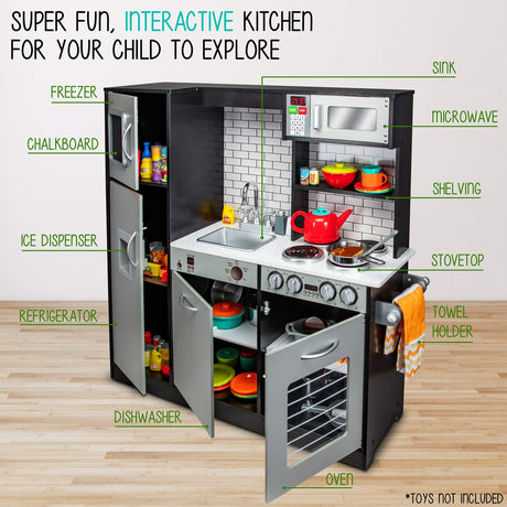 Lil' Jumbl Kids Kitchen Set, Pretend Wooden Play Kitchen, Battery Operated Icemaker & Microwave with Realistic Sound, Pots & Pan Included - Charcoal Lil' Jumbl