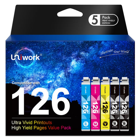 Uniwork Remanufactured 126 Ink Cartridges Replacement for Epson 126 T126 use for Workforce 435 520 545 635 645 WF-3520 WF-3530 WF-3540 WF-7010 WF-7510 WF-7520 Stylus NX430 Printer 5 Pack Uniwork