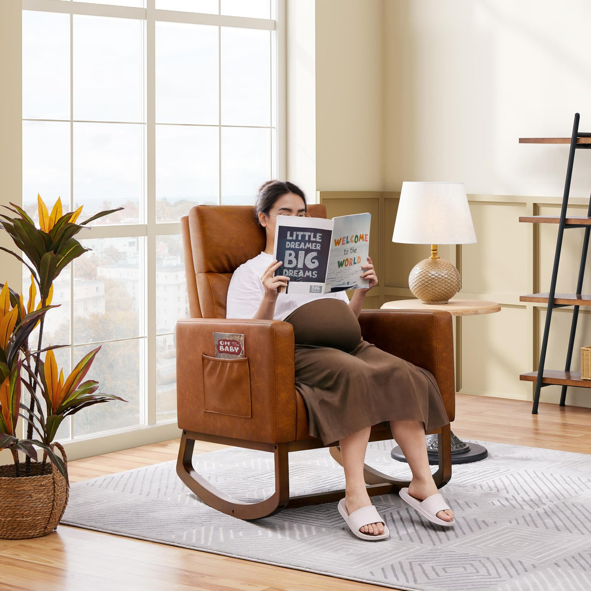 Yaheetech Leather Living Room Chair, Rocking Accent Chair, Modern Nursery Glider Chair with High Back and Side Pocket, Accent Rocker Armchair with Wood Legs for Living Room Bedroom Study, Brown Yaheetech